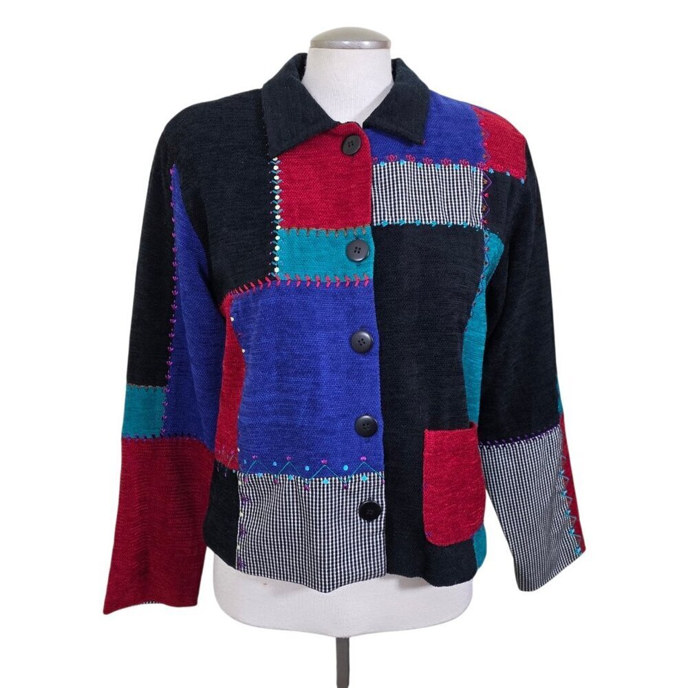 Vintage Koret Jacket Women M Patchwork Colorblock Embroidered Button Mixed Media - Picture 2 of 8